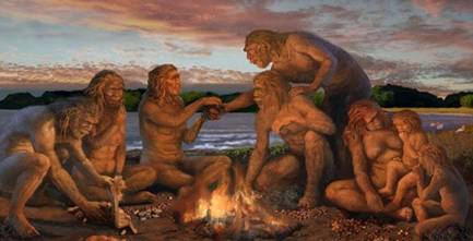 Hominin group gathered around a fire