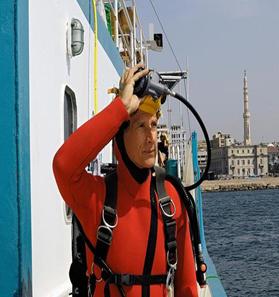 Franck Goddio prepares for a dive in the eastern harbour of Alexandria.