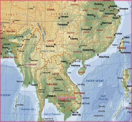 Cambodia is located to the east of Thailand and to the west of Vietnam.