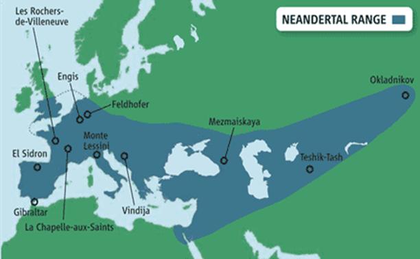 Map showing range of Neandertal existence