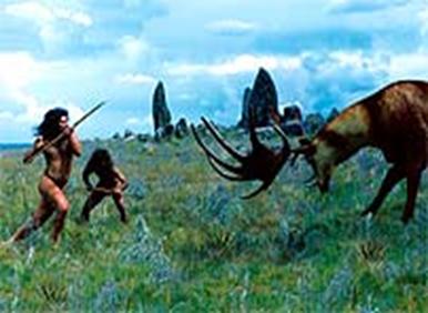 Homo heidelbergensis attacking Megaloceros